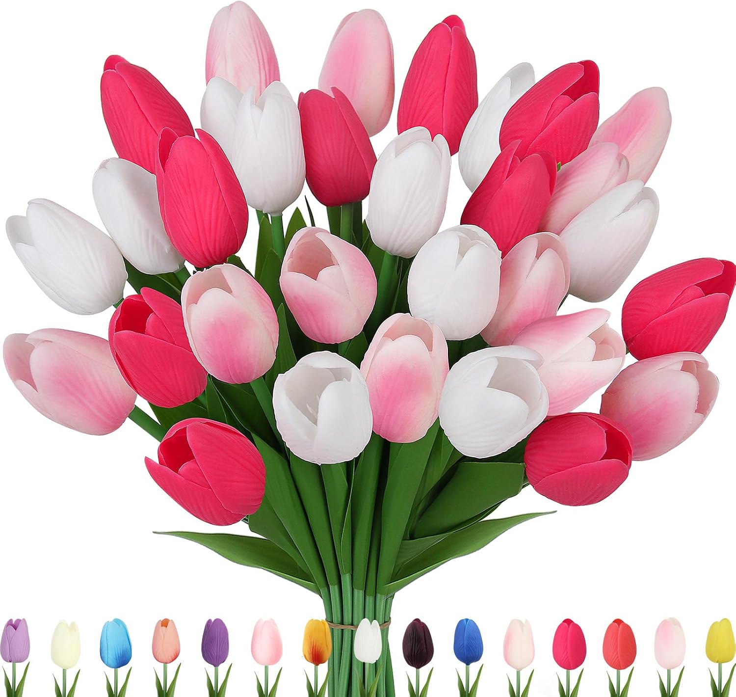 Artificial Tulips Flowers Fake Latex Tulip Stems – 30pcs Real Touch Faux Multicolor Tulips Flower for Easter Spring Wedding Bouquet Centerpiece Floral Arrangement Cemetery Table Decor