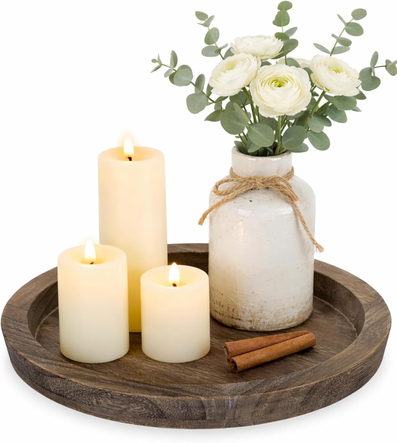 Hanobe Candle Plate Holder Tray: Round Wood Decorative Candle Plate – Rustic Farmhouse Coffee Table Decor – Tealight Pillar Trays for Home Decor (Distressed)