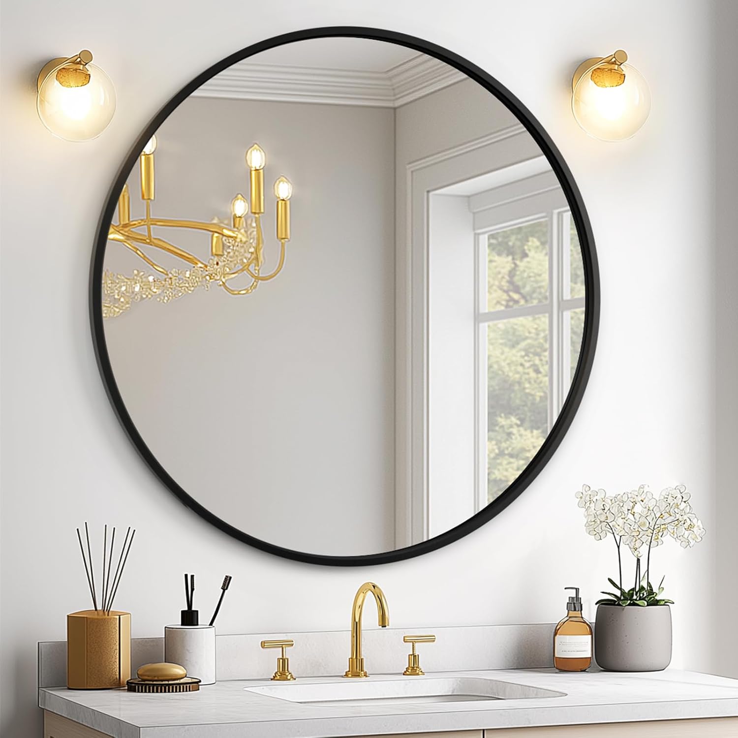 USHOWER 24 Inch Black Round Mirror for Over Sink | Circle Bathroom Mirror, Metal Frame Vanity Mirror, Modern Wall Mirror for Entryway Living Room