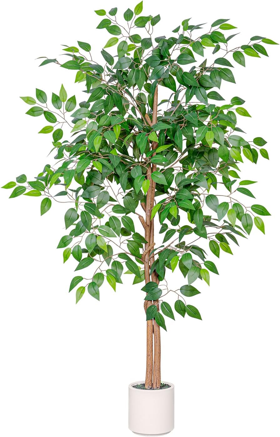 VIVATREES 5FT Artificial Ficus Tree with White Planter, Realistic Faux Silk Indoor Outdoor Plant for Home Office Living Room, Porch, Garden Decor