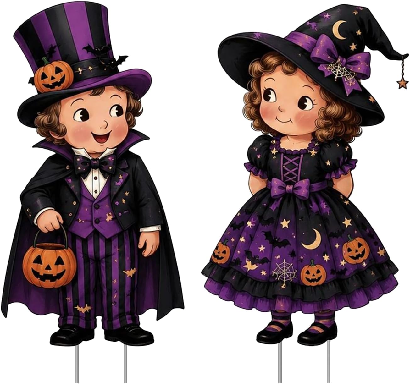 2 Pcs Large Halloween Yard Signs with Plastic Stakes, Cute Vampire Boy Witch Girl Lawn Stakes, Purple Farmhouse Rustic Outdoor Halloween Party Decor for Front Yard Patio Lawn Garden Pathway