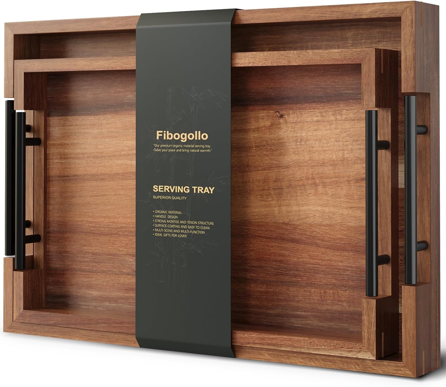 Fibogollo Acacia Wood Set of 2 Serving Tray with Metal Handles,Ottoman Decorative Trays Platter for Coffee Table,Living Room,Bar,Party