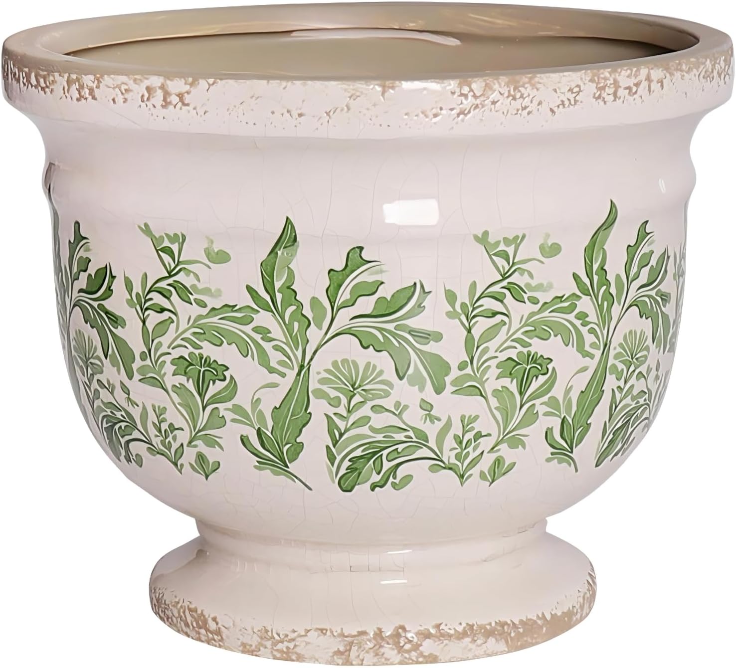 Vintage Ceramic Planter Pot with Drainage, 6.8 Inch Large Crackle Glaze Flower Pot with Green Floral Leaf Pattern for Succulents, Flowers, Farmhouse Country Rustic Planters for Gardening Gift