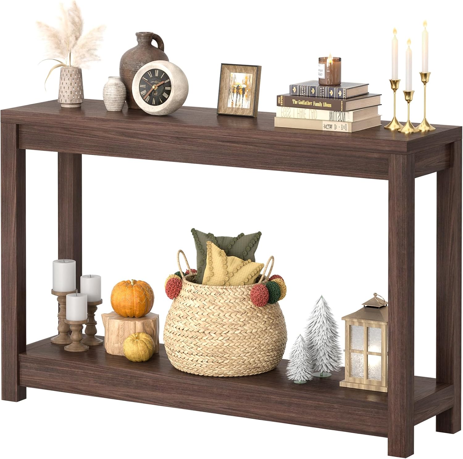 Besiost 47″ Farmhouse Wood Entryway Table Narrow Console Table with Storage Behind Couch Sofa Table with Shelves Entry Way Tables with Open Storage, Easy Assembly, Black Walnut