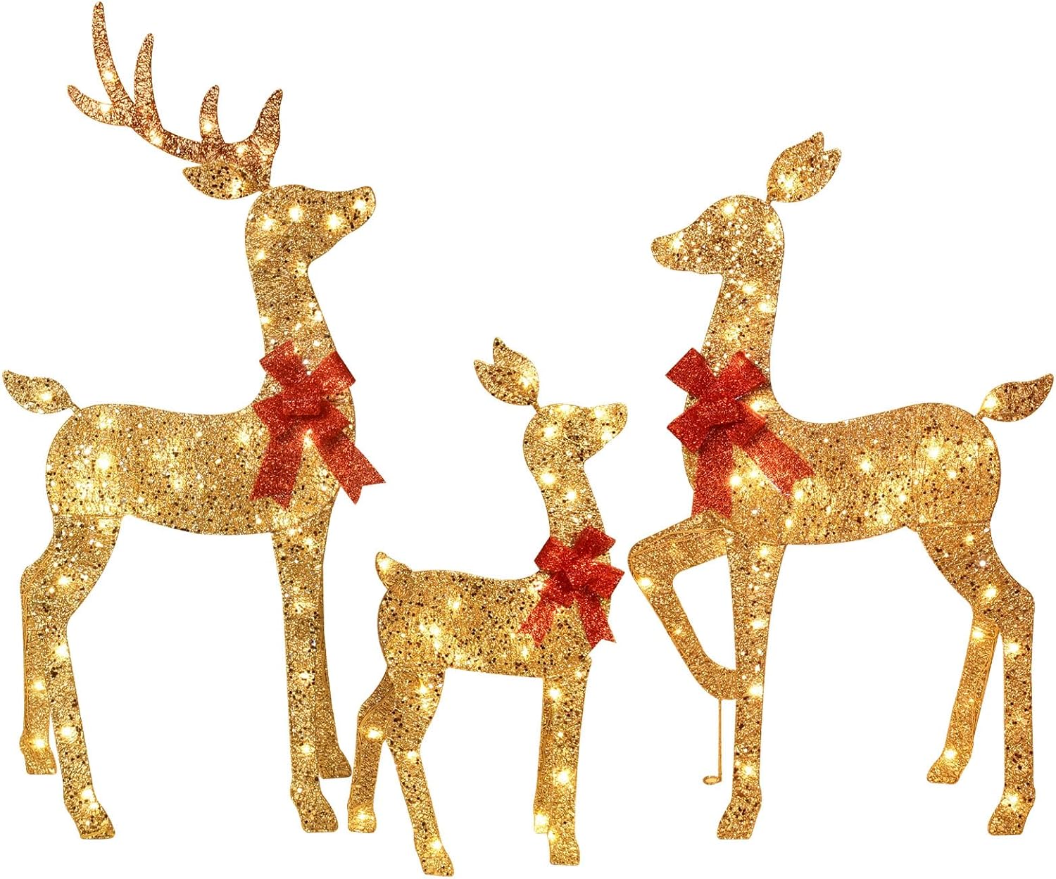 3-Piece 2D Lighted Christmas Deer Family Set – HOYECHI Large Outdoor Yard Reindeer Holiday Decoration with 145 LED Lights, Stakes, Zip Ties – Gold