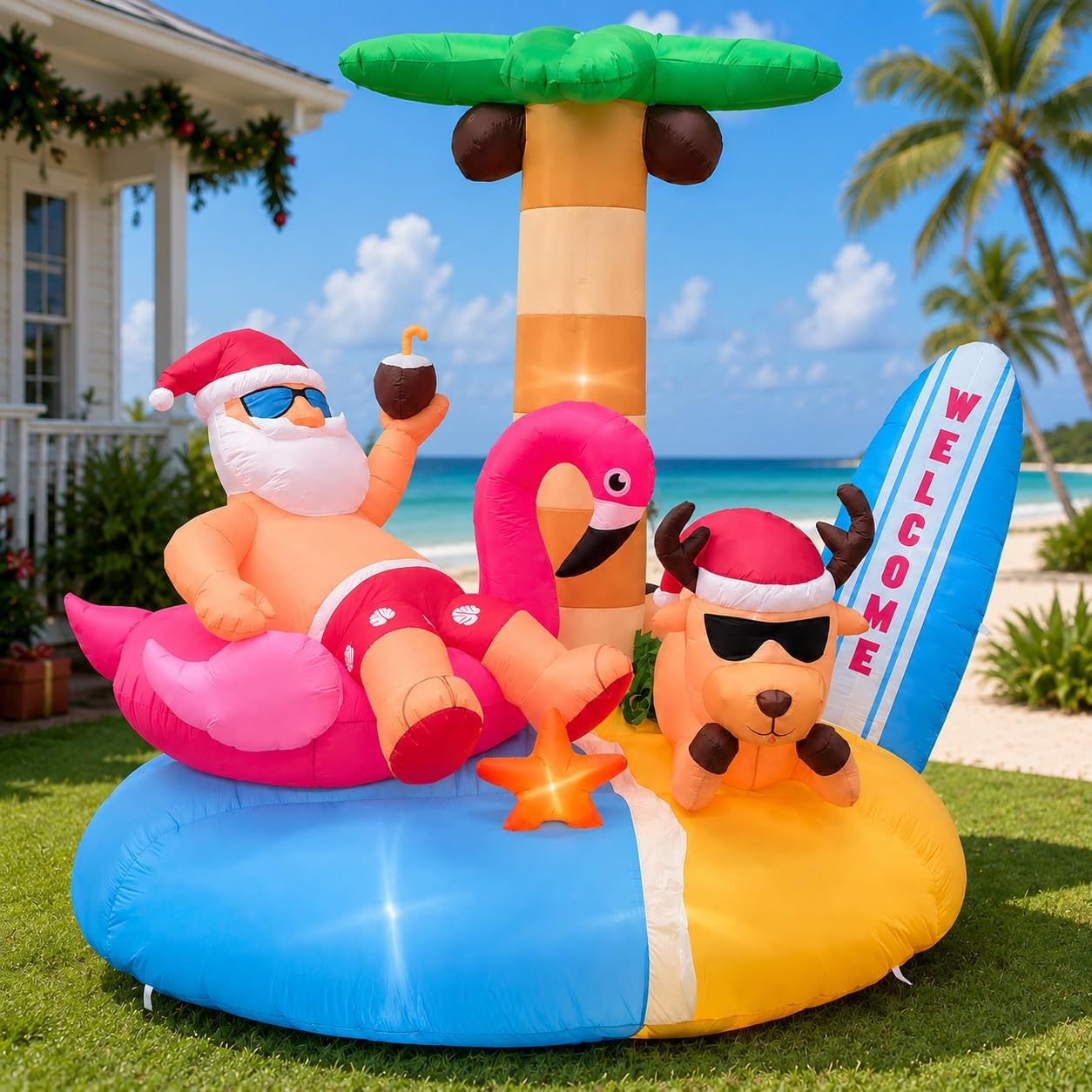 6.8FT Christmas in July Inflatable Santa on Flamingo Float, Hawaiian Beach Santa Blow Up Yard Decoration with LED Lights, Summer Christmas Outdoor Decor for Pool Party, Lawn, Garden, Patio