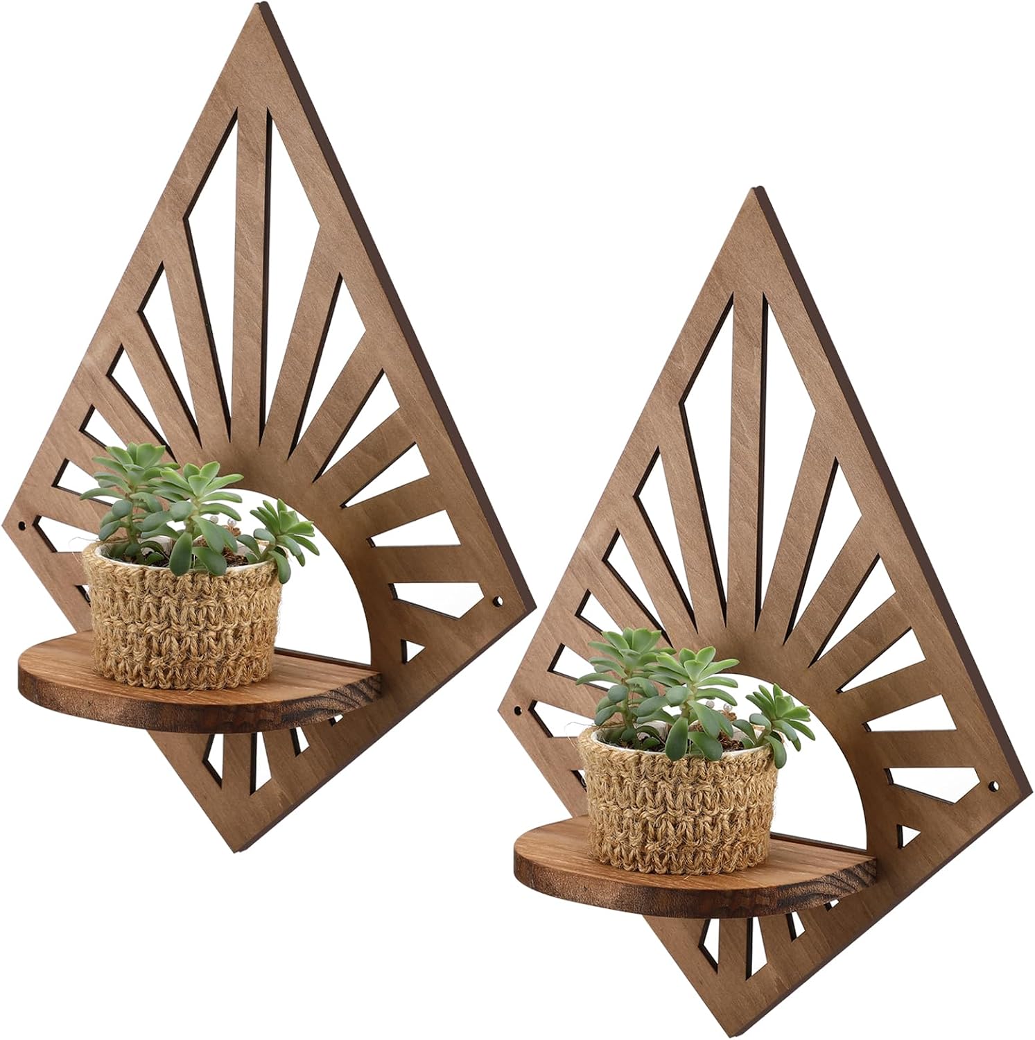 2 Pcs Boho Floating Shelves Wood Bohemian Decorative Display for Plants and Candles Boho Wall Art for Bedroom Living Room Bathroom Mini Mounted Plant Decor 14.17 x 10.63 Inch(Diamond)