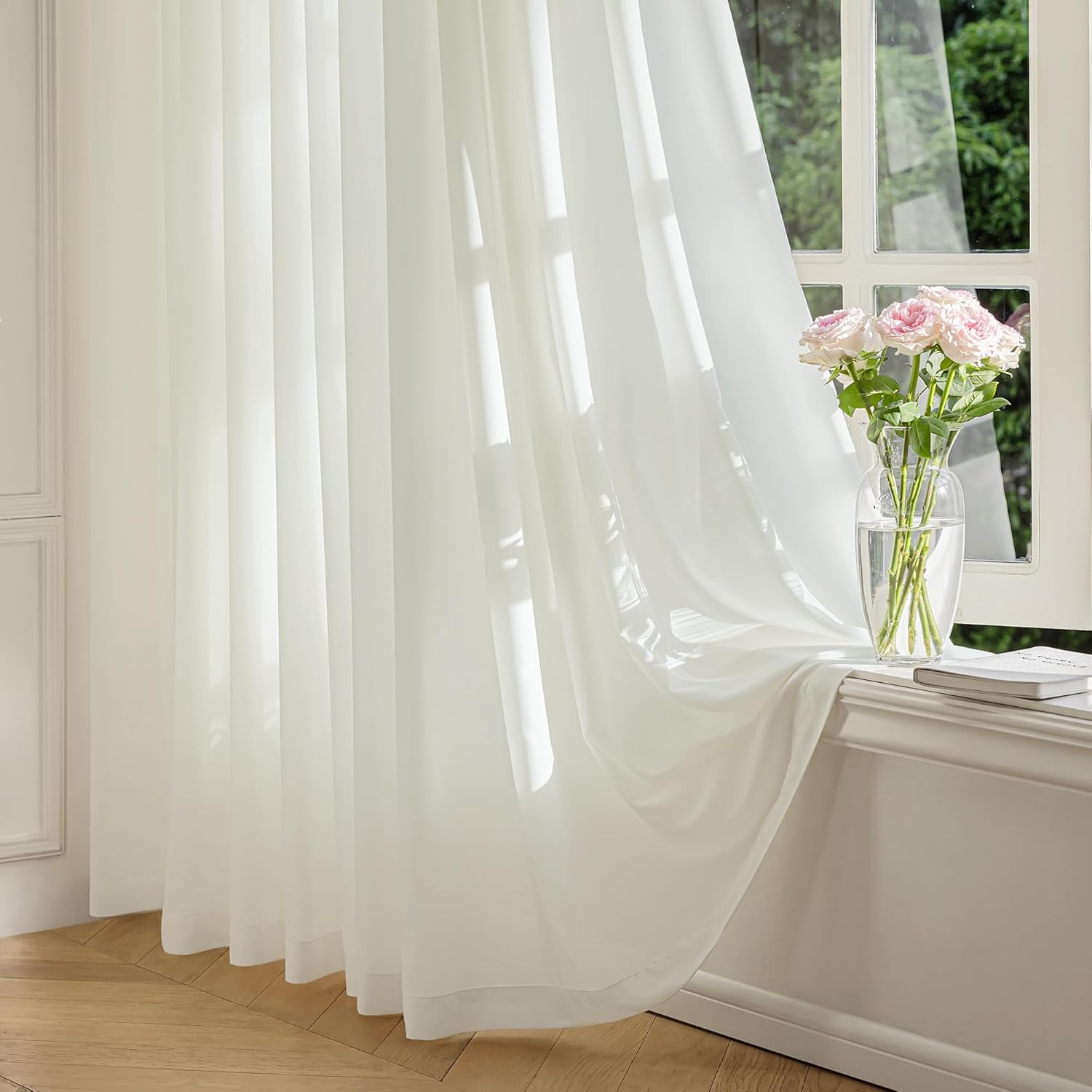 FMFUNCTEX Netural Beige Faux Silk Sheer Curtains 84 Inch Rod Pocket 2 Panels