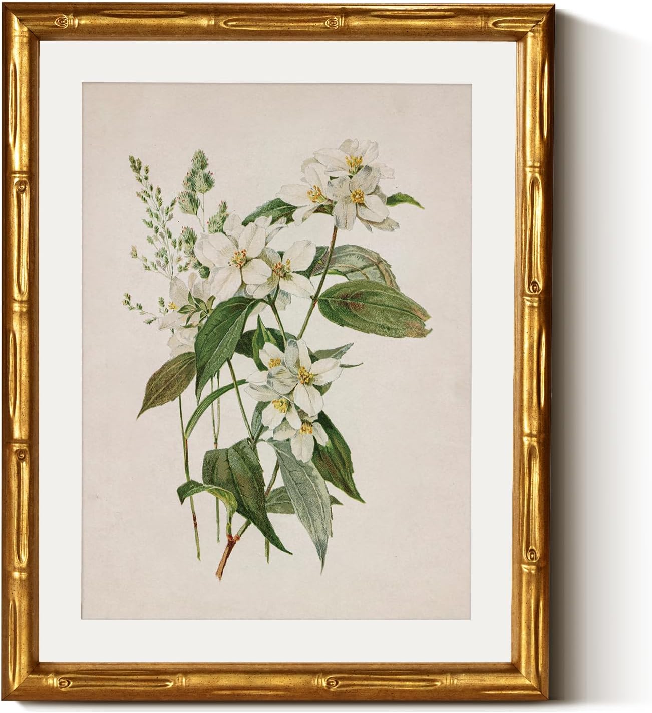 InSimSea Gold Bamboo Framed Canvas Wall Art, Neutral Floral Botanical Paintings, Antique Vintage Picture Frame with Mat, Victorian Home Wall Decor for Living Room Bedroom, 11x14inch