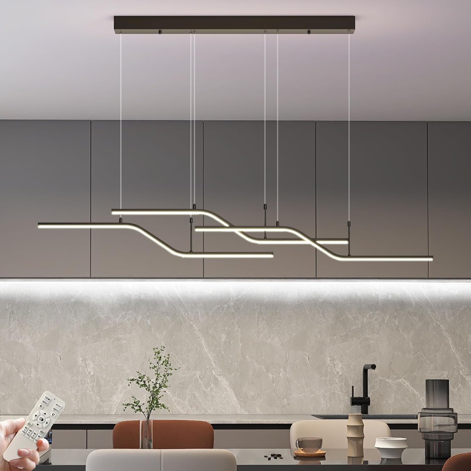Siittoo Modern 52in Linear Pendant Light for Kitchen Island and Dining Room | Dimmable LED Chandelier with Remote Control, 3000K-6000K, Adjustable Height for Dining Table, Restaurant and Bar, 45W