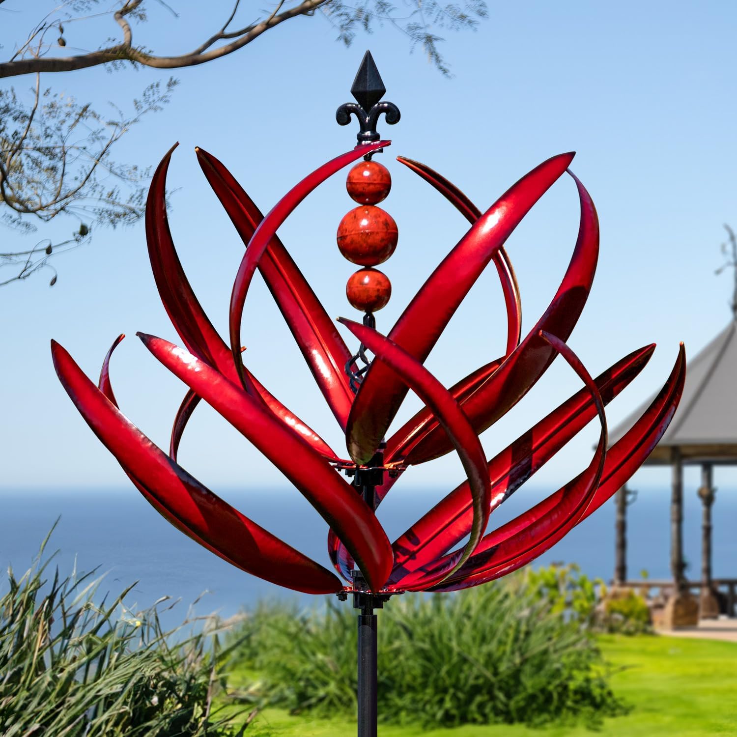 LimeHill Wind Spinner for Garden and Yard – Large Metal Kinetic Wind Sculptures for Outdoor Decor (91 Inches, Burgundy Lotus)