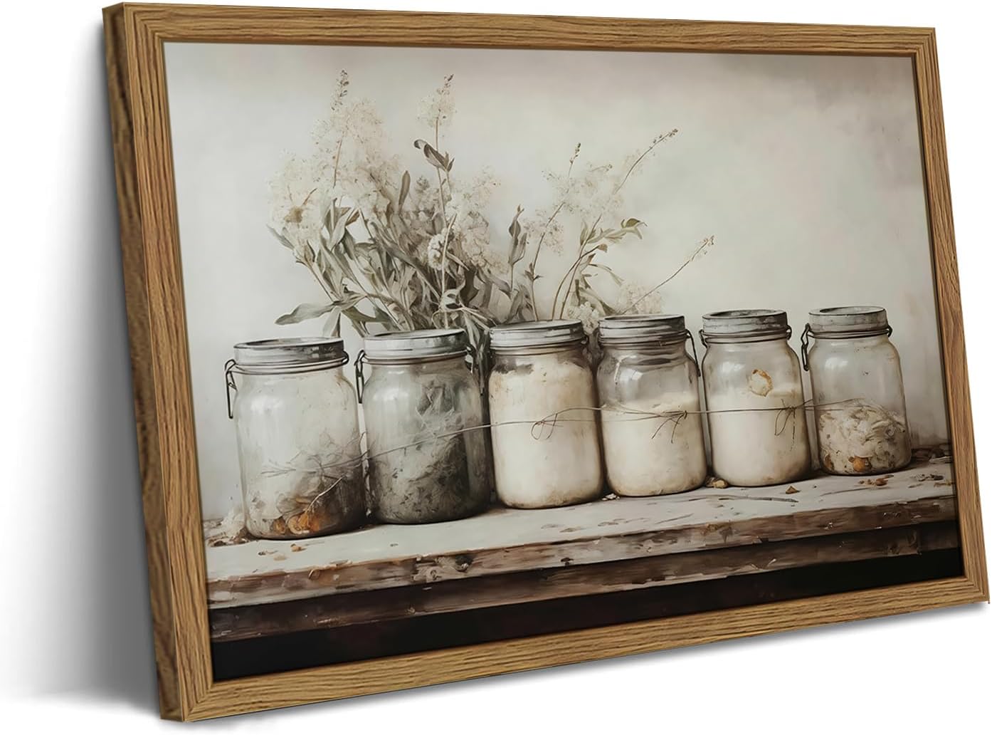 Framed Vintage Kitchen Canvas Wall Art, Rustic Farmhouse Mason Jar Pictures Wall Decor, Country Spice Still Life Paintings Prints Home Decor Artwork for Dining Room 12×16 inch