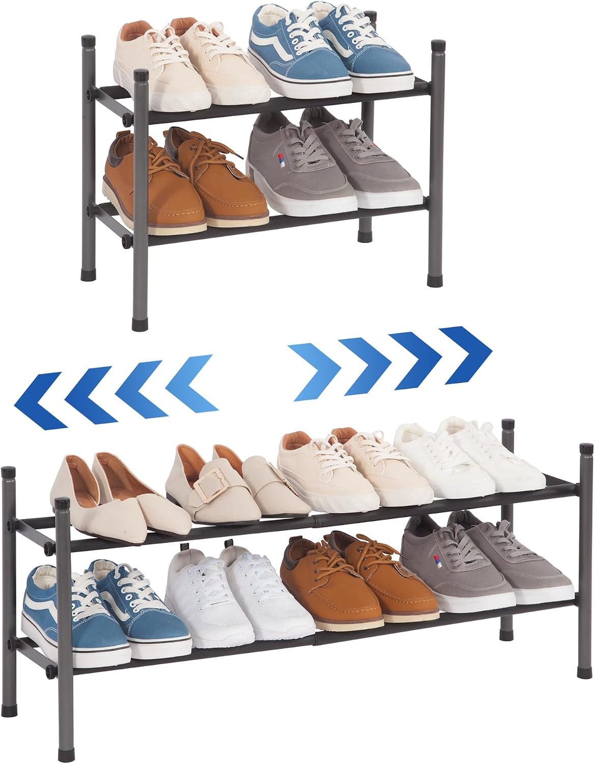 STORAGE MANIAC Expandable Shoe Rack for Closet, 8 Pairs Stackable Small Shoe Rack, Metal Adjustable Shoes Organizer for Entryway, Hallway, Garage, Front Door, Shoes Shelves, Black 2 Tier