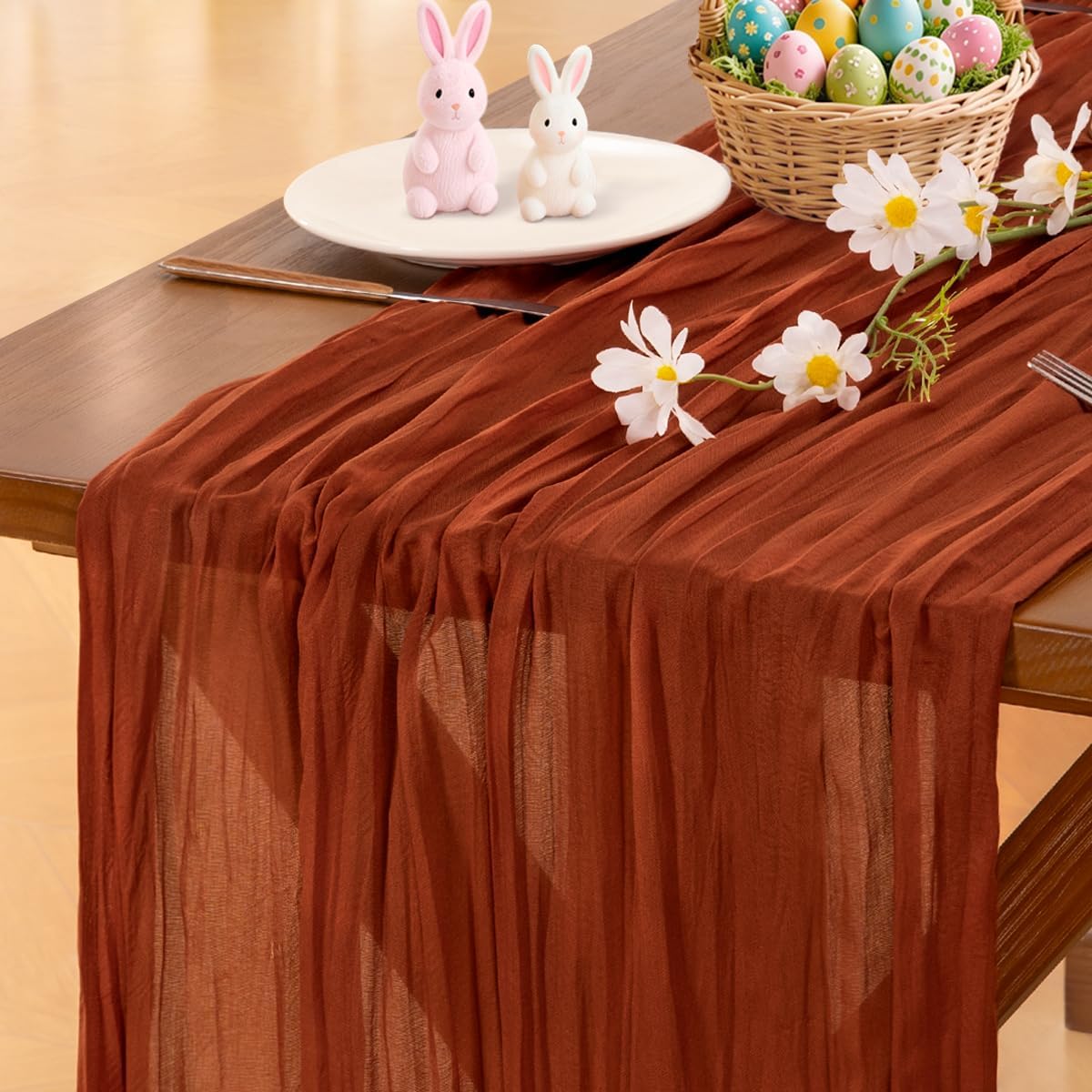 Socomi Terracotta Summer Fall Cheesecloth Table Runner Boho Rustic Farmhouse Gauze 120 inch 10FT Cheese Cloth Sheer Runner for Wedding Party Baby Shower Birthday Home Decor Holiday Decorations