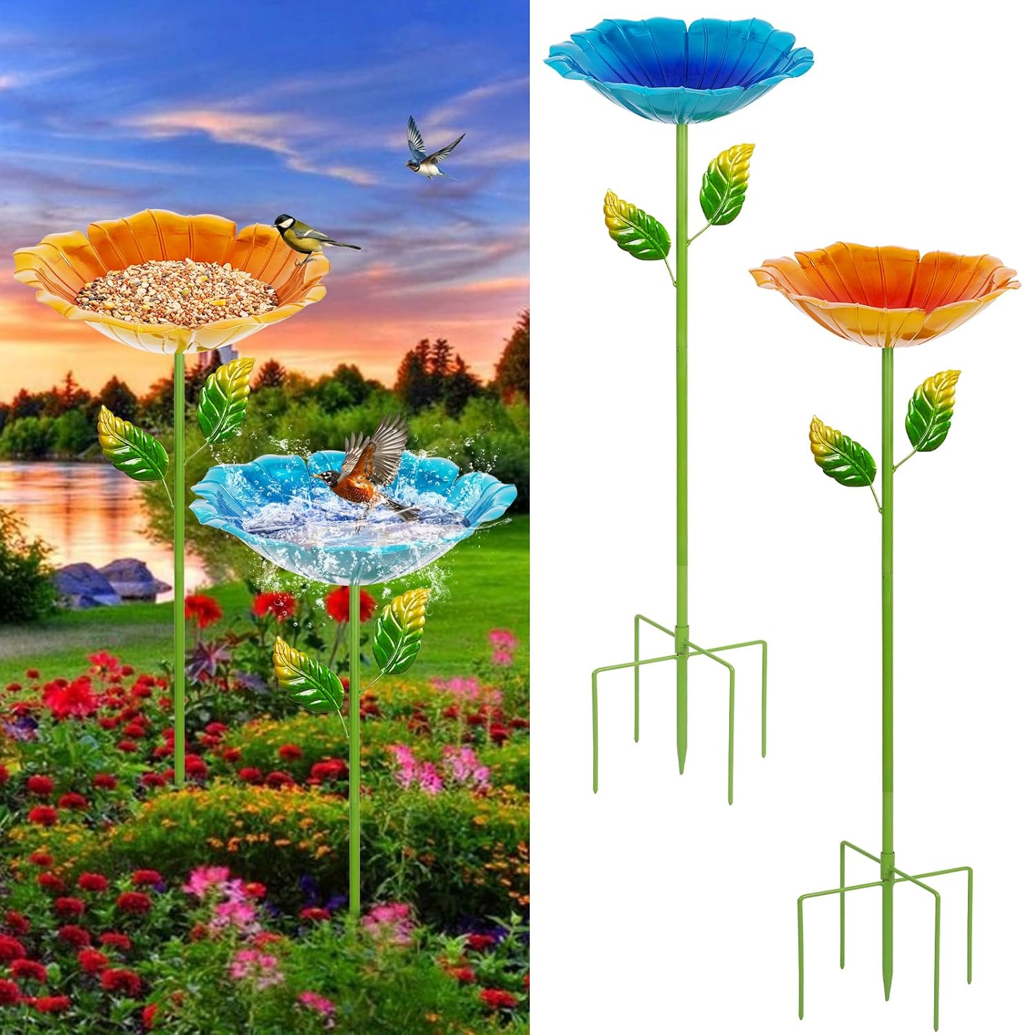 2 Pack Bird Bath for Outside, Outdoors Garden Decor Flower Birdbath | Colorful Metal Bird Bowl with Five Stakes for Hummingbird Baths & Bird Feeders, 31.3″ H x 10.63″ Dia (Blue,Yellow)