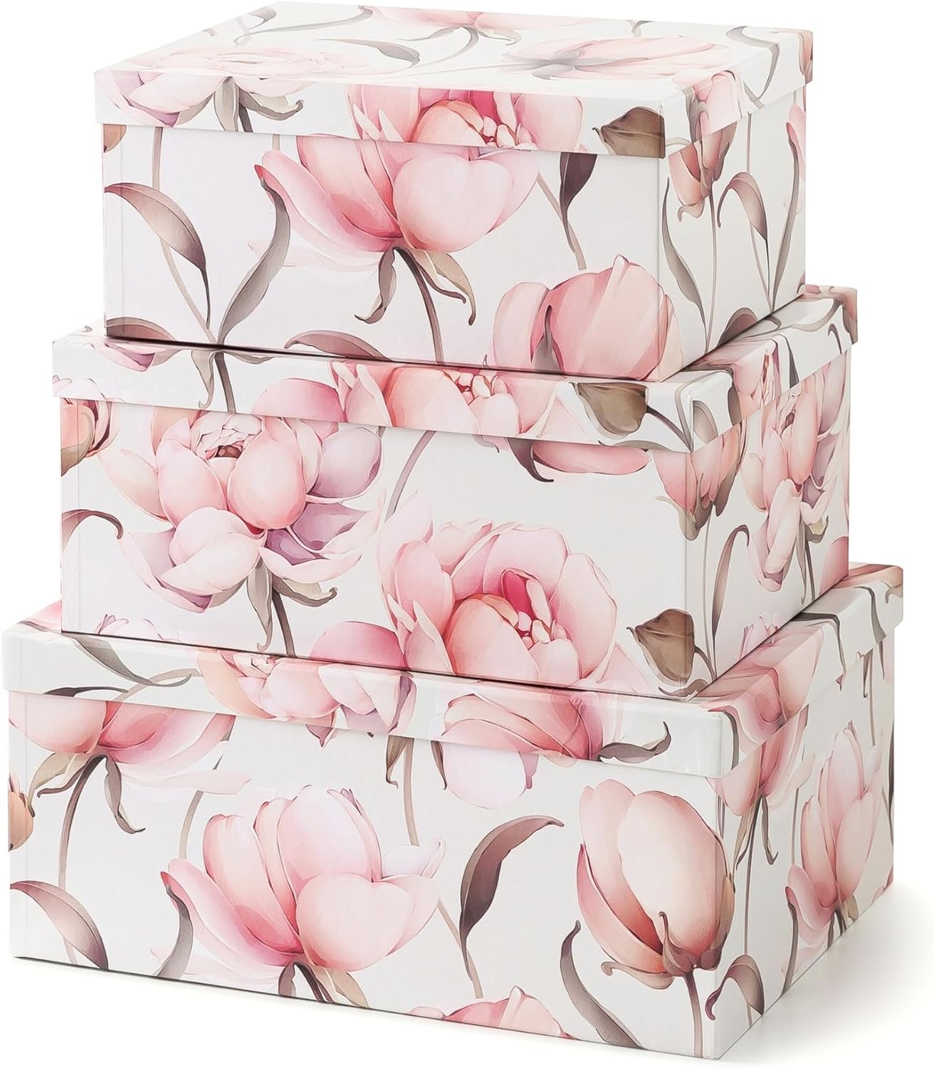 Soul & Lane – Peonies Paradise Decorative Storage Boxes with Lids, Set of 3 | Large Nesting Cardboard Keepsake Boxes for Memories and Gifts, Pink Peony Photo Storage Containers for Home Decor