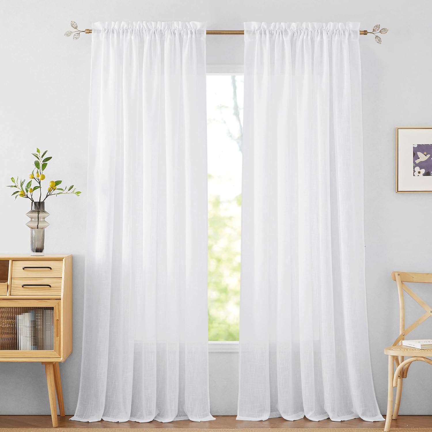RYB HOME White Semi Sheer Curtains 84 inches Long – Living Room Curtains for Half Privacy, Linen Textured Sheer Light Filtering Vertical Window Drapes for Bedroom Dining, Width 52 inch, 2 Panels