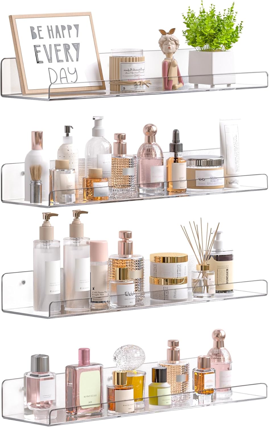 upsimples 4 Pcs 15″ Acrylic Shelves for Wall Storage and Organizer, Clear | Transparent Design Highlights Skincare, Perfume, Easy-to-Find Versatile Floating Shelves for Bathroom, Bedroom and Playroom