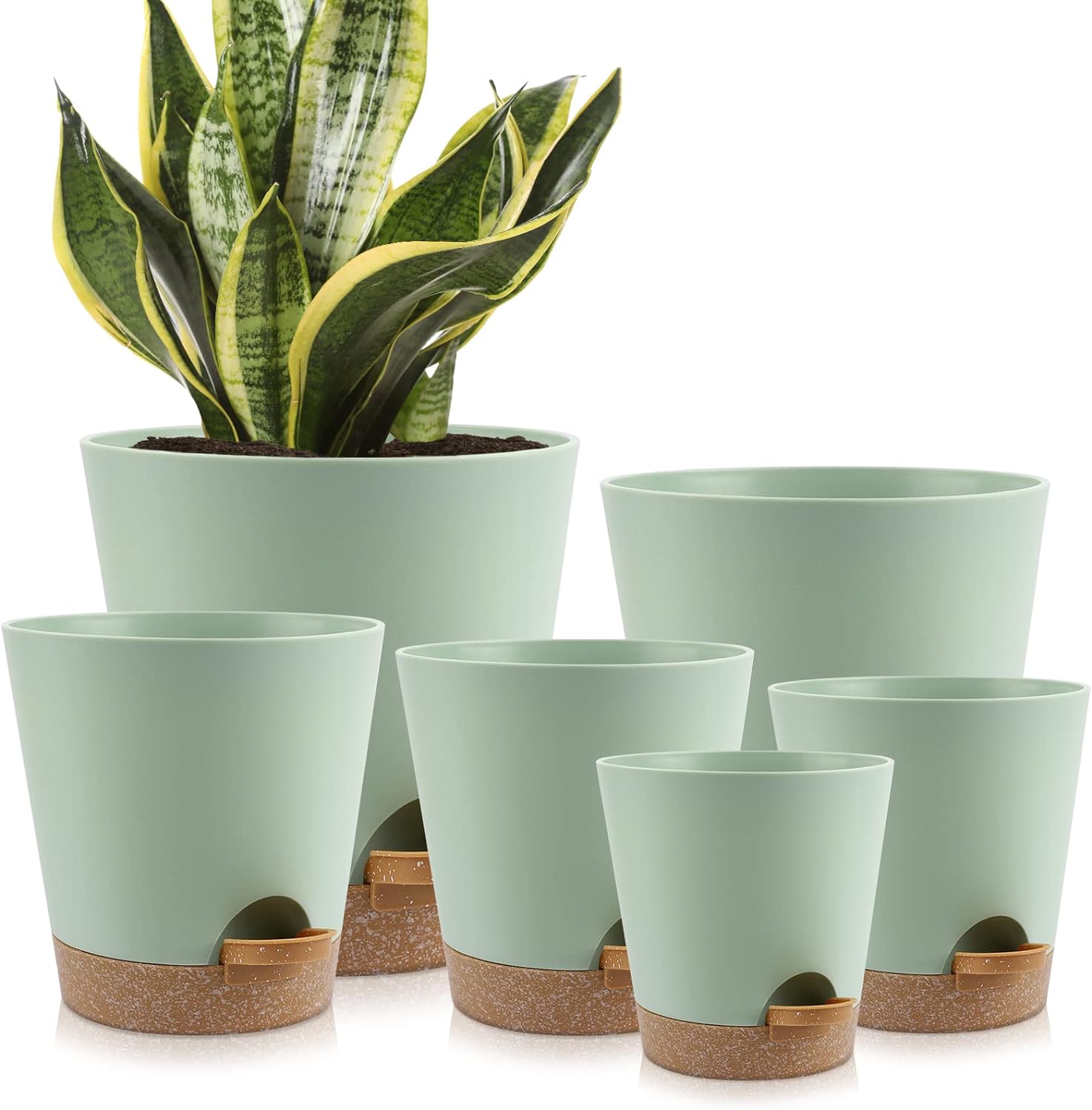 YNNICO Indoor Self Watering Planters with Drainage Holes and Saucers, 8, 7, 6.5, 6, 5.5, 5 Inches, Green, 6 Pots.