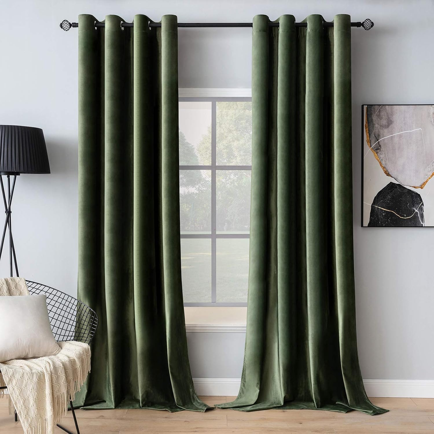 MIULEE Velvet Curtains Olive Green 52 x 84 Inch Length Set of 2 | Grommet Drapes, Soundproof Thermal Insulated, Elegant Room Darkening Blackout Curtains, Classical Living Room Bedroom Decor