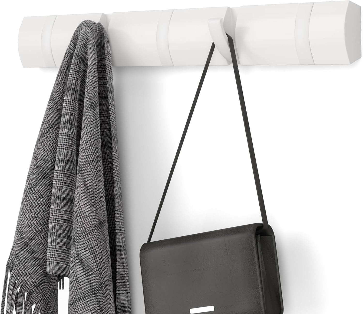 Umbra Flip Coat Rack, Wall Mounted 5-Hook Space Saving, White | Real wood and steel build, retractable hooks fold flat, holds coats bags and scarves, easy install