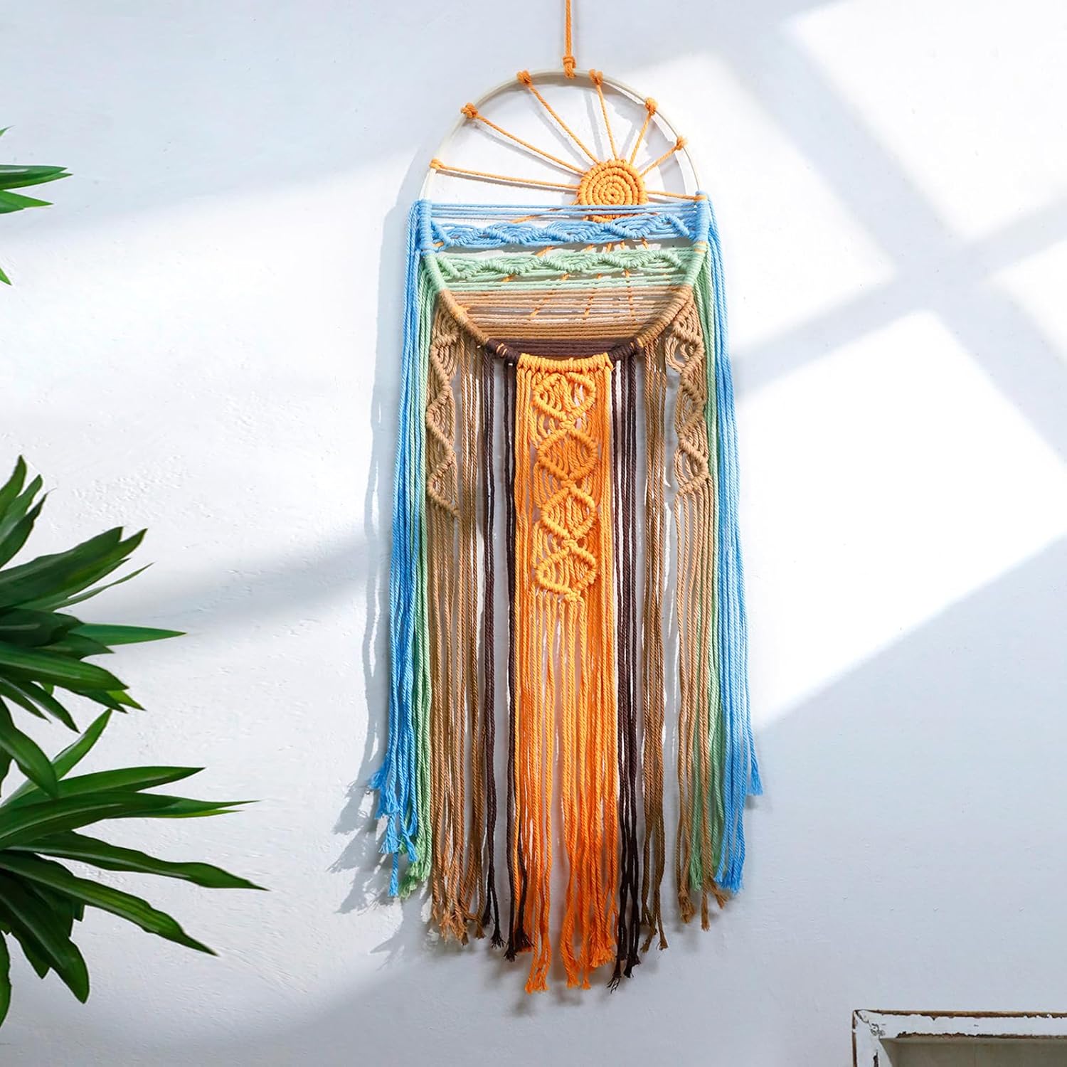 Artilady Macrame Wall Hanging Tapestry, Boho Sun Art Decor Dream Catcher | Large Wall Tapestry, Handmade Woven, Farmhouse Rustic, Colorful Sunset Wall Art, Bedroom Living Room Apartment Home Decor