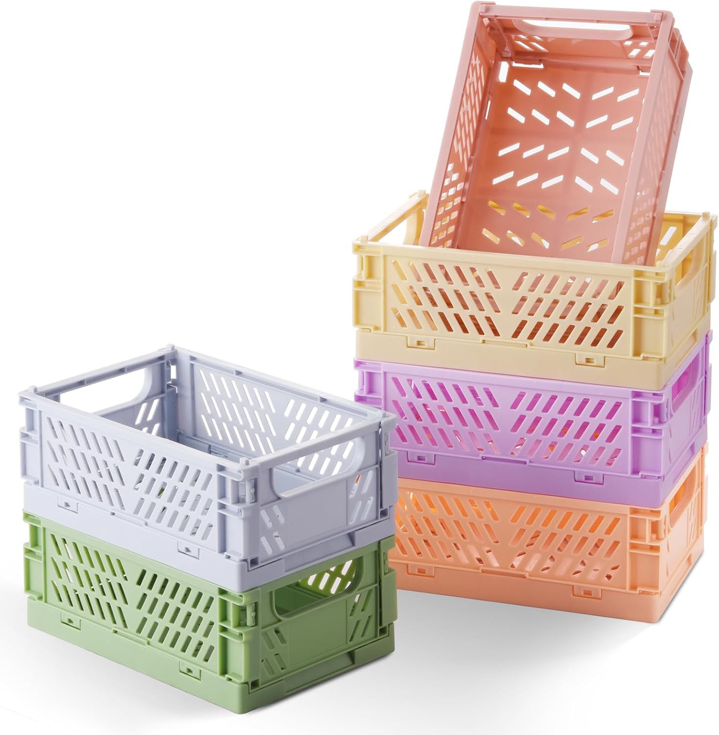 HUUSMOT 6-Pack Collapsible Small Plastic Storage Baskets, 5.9″x3.8″x2.2″ | Pastel, Space-Saving, Collapsible Plastic Bins, Cute Mini Storage Crates, for Classroom, Kitchen, Office, Bedroom