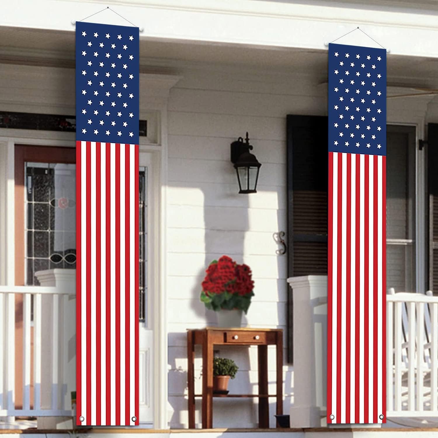 4th of July Decorations Outdoor – Hanging American Flag Banners Porch Sign | 2PCS Stars and Stripes Banner, Patriotic Memorial Day Decor Party Supplies for July Fourth Independence Labor Red White Blue