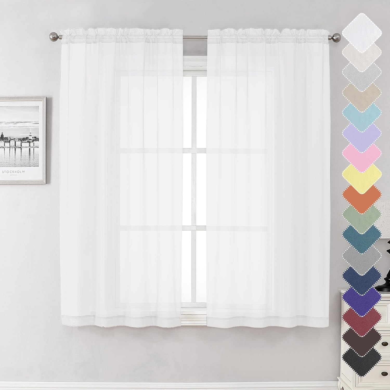Lecloud White Sheer Curtains 63 Inch Length 2 Panels, Elegant Voile Drapes for Dinning Small Windows, Light Filtering Gauzy Curtain for Living Room Bedroom Bathroom, Dual Rod Pocket, 40″ W x 63″ L