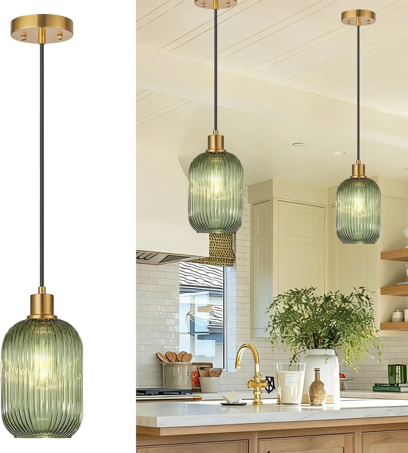 2 Pack Pendant Lights with Vintage Green Ribbed Glass Lampshade, Adjustable Brushed Gold Pendant Lights Fixtures for Kitchen Island Lighting Sink, Dining & Living Room Hallway (Bulbs Not Included)