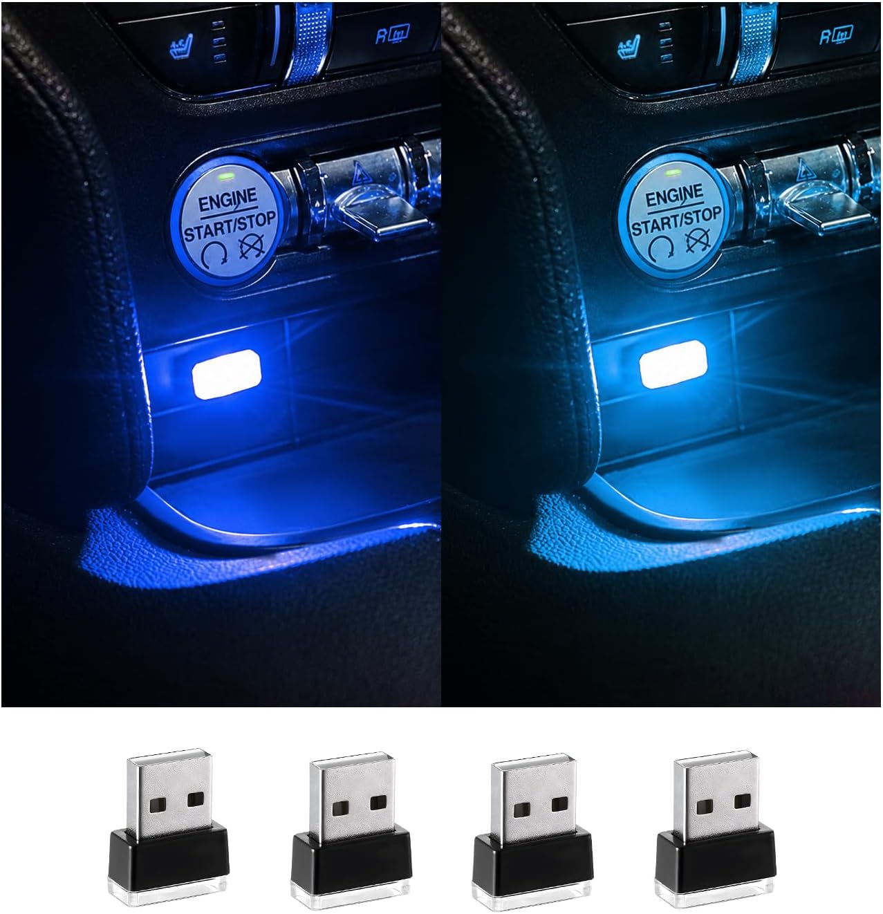 Augeny 4 PCS USB LED Car Interior Atmosphere Lamp, Plug-in USB Decor Night Light, Portable Auto Ambient Lighting Kit, Universal Vehicle Interior Accessories for Most Cars (Blue & Ice Blue)