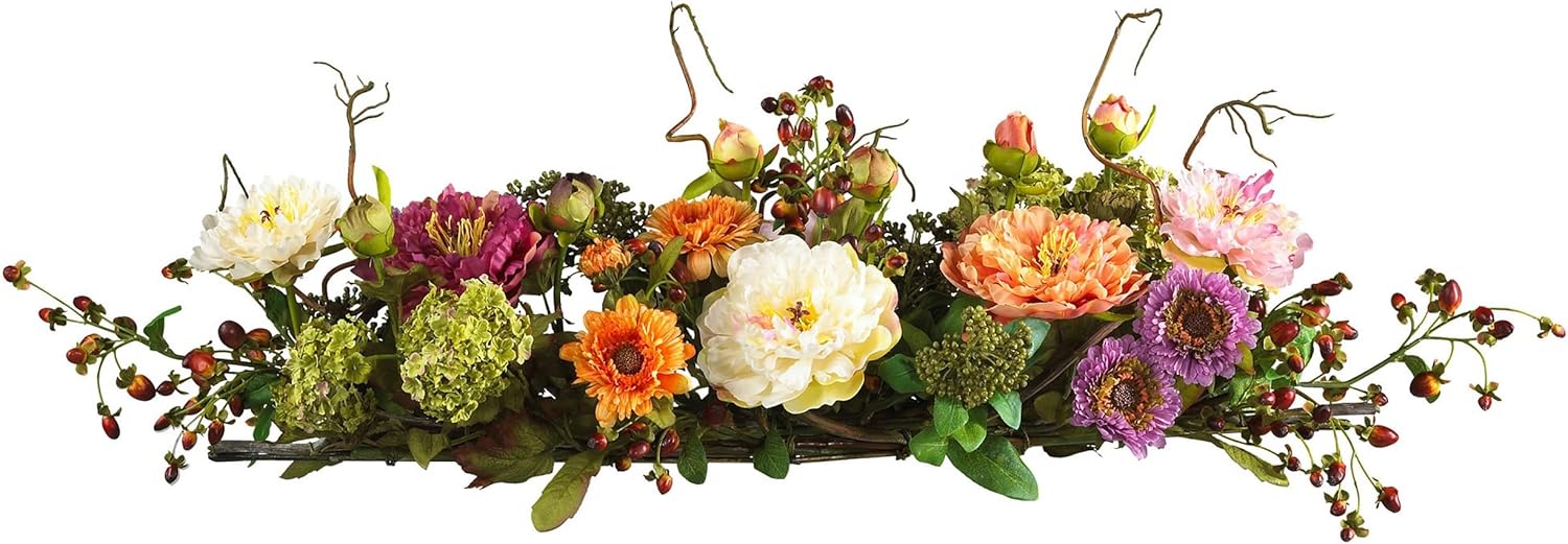 Nearly Natural 4665 Mixed Mini Peony Centerpiece Silk Flower Arrangement,10″D x 34″W x 6.5″H