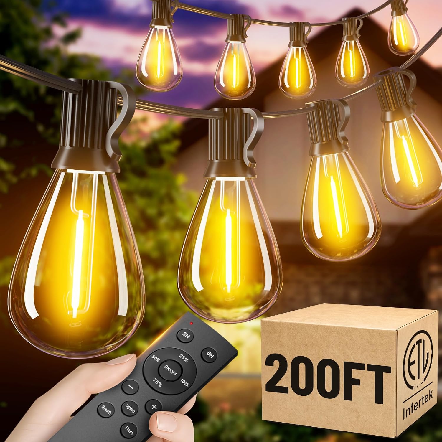 200FT Outdoor String Lights with Remote, Waterproof Patio Lights with 72+2 Shatterproof LED Bulbs,Dimmable Hanging Decor for Backyard Garden Porch Bistro, Timer & 3 Modes,2700K Warm White
