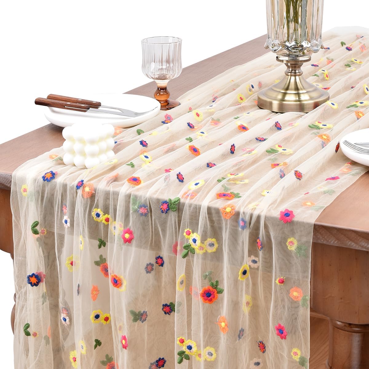 Flower Table Runner Floral Daisy Summer Birthday Party Garden Wedding Decor | Champagne 10ft Embroidery Wildflower Tulle Seasonal Tea Party Bridal Shower Holiday Picnic Home Table Decorations