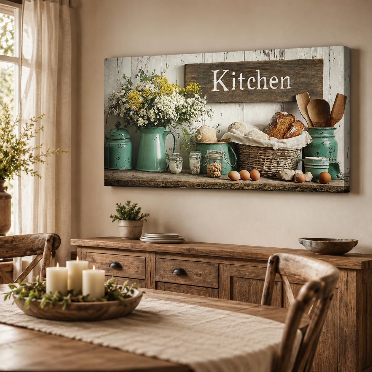 TIMUBA Kitchen Wall Art, Rustic Vintage Daisy Canvas Prints Wall Decor, Flowers Bread Jars & Wooden Kitchen Sign Pictures, Farmhouse Dining Room Painting Artwork for Restaurant, Home Decor 24×12 In
