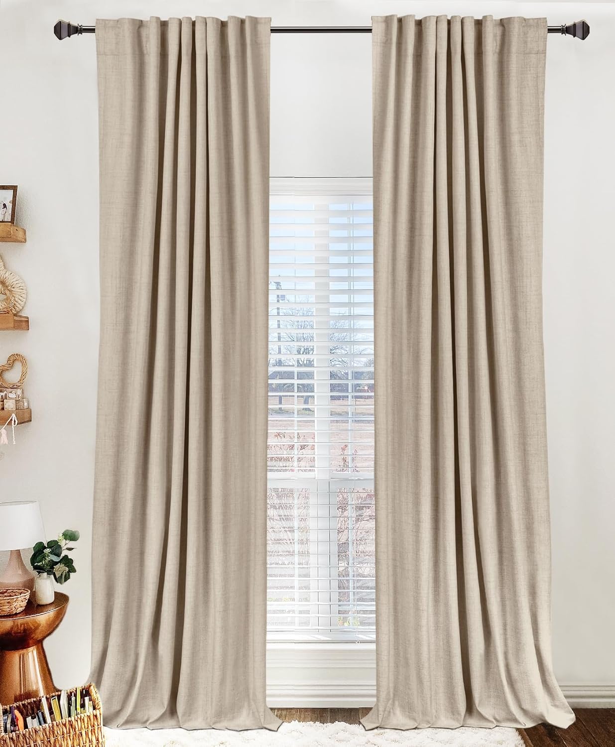 100% Blackout Shield Linen Blackout Curtains for Bedroom 84 Inches Long, Back Tab/Rod Pocket Living Room Drapes, Thermal Insulated Blackout Curtains 2 Panels Set, 50″ W x 84″ L, Oatmeal