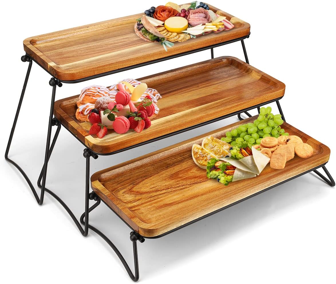 3 Tier Cupcake Stand and Towers Large Serving Tray for Party Acacia Wooden Dessert Table Display Set Decorative Tray Tiered Tray Decor Small Chees Charcuterie Boards Rustic Wood Serving Platters Trays