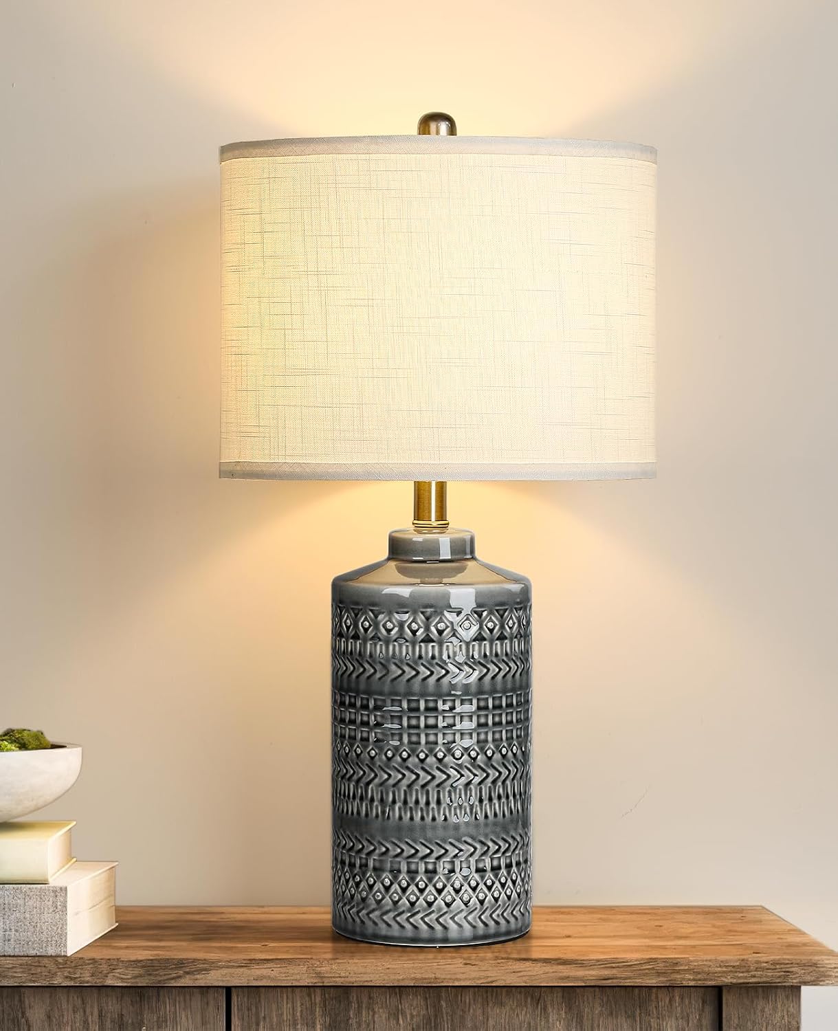 Modern Ceramic Table Lamp, 24.5″ Living Room Lamps 3-Way Dimmable Gray Nightstand Lamp with White Shade|Tall Bedside Lamp Desk Decor Lamps for Bedrooms Farmhouse Office End Table Lamps(Bulb Included)