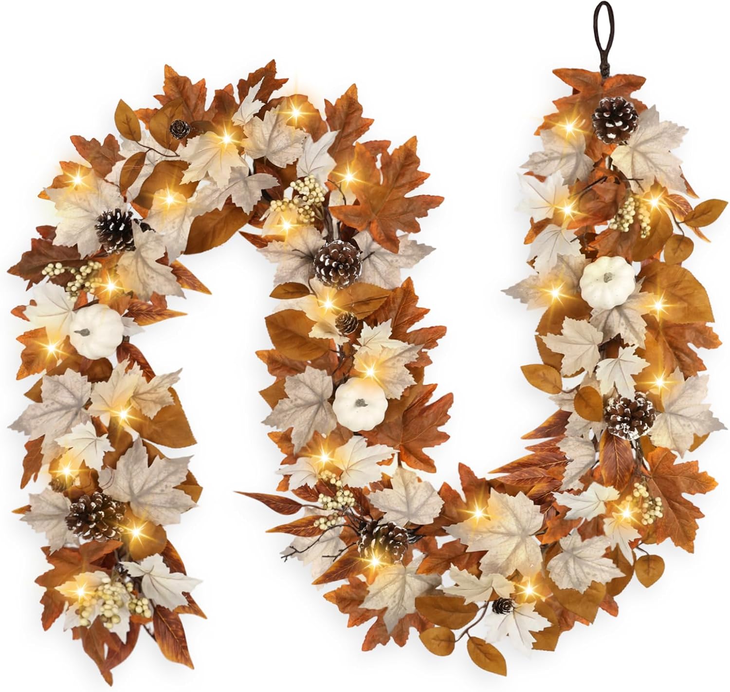 6 FT Fall Garland with Lights Automatic ON/Off Fall Leaves Mantle Garland with Pumpkins Berries Pinecones Outdoor Thanksgiving Christmas Autumn Centerpiece Decorations for Home Door Fireplace Porch