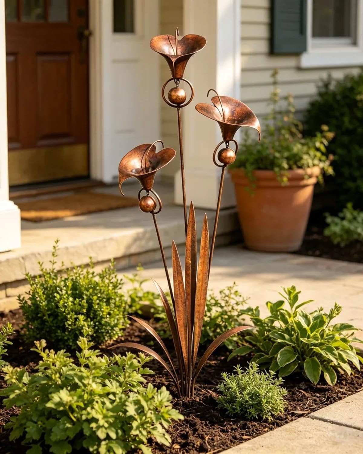 2026 Flamed Copper Three Calla Lilies Garden Stake with Bells, Rain Catcher Flower Handmade 24inch Large Whimsical Metal Plant Sculpture Yard Art Decor, Rustic Wind Chime Ornament Gift