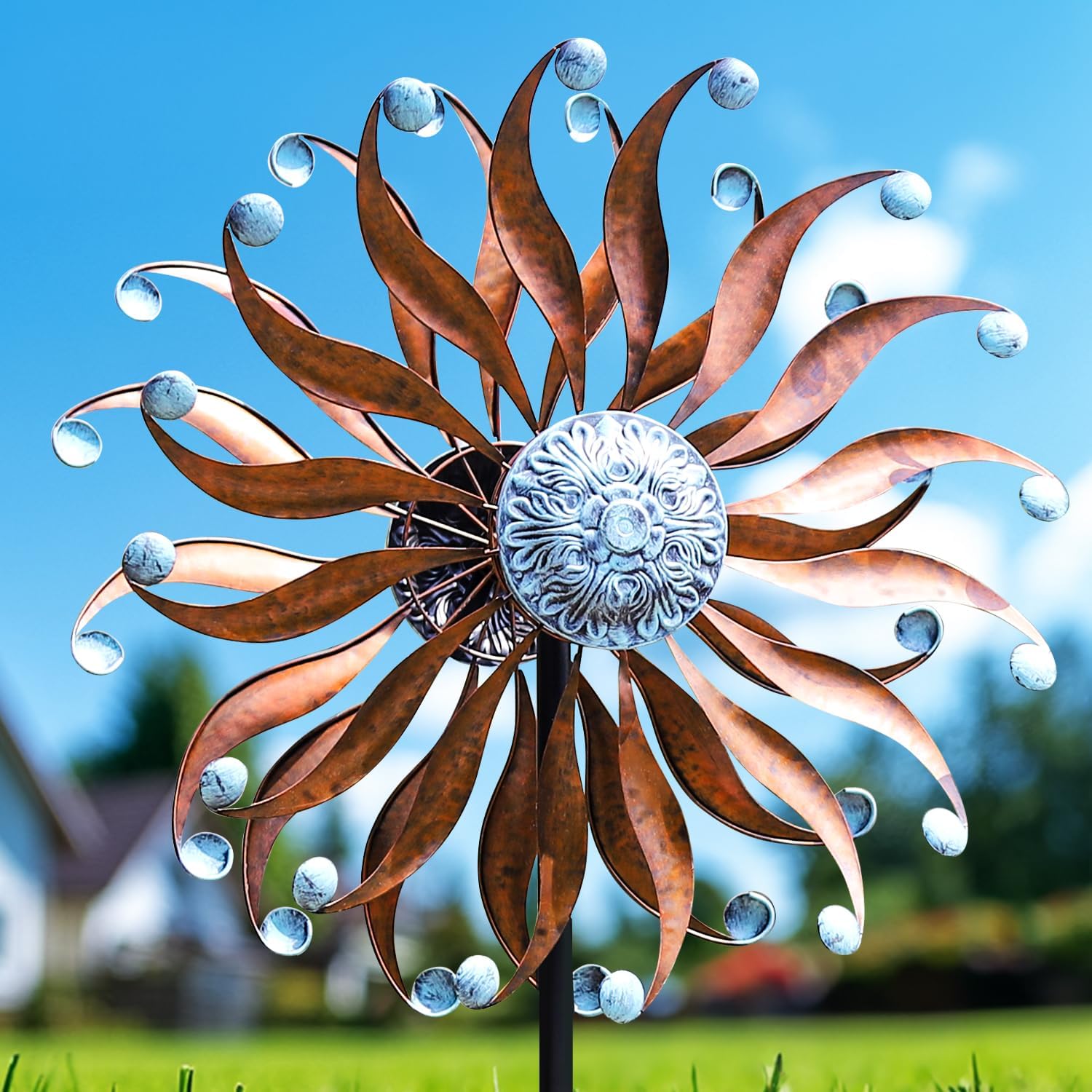 LimeHill Wind Spinners Outdoor Metal Large Wind Spinners for Yard and Garden, Kinetic Wind Sculptures & Spinners with Stake for Family (24″ W x 84″ H)