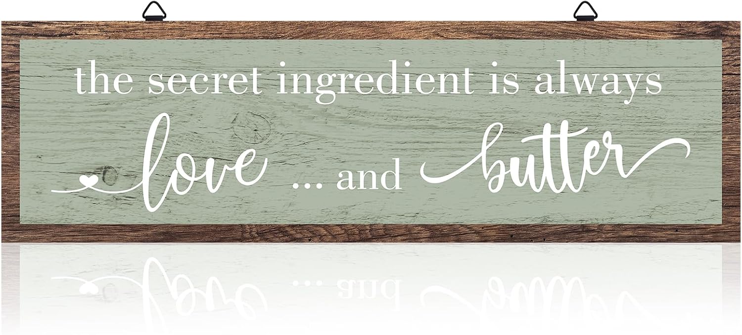 Jetec The Secret Ingredient Is Always Love and Butter Sign Funny Wood Kitchen Sign Funny Farmhouse Wall Decor Rustic Kitchen Wall Decoration, 15.7 x 4.7 Inch(Green)