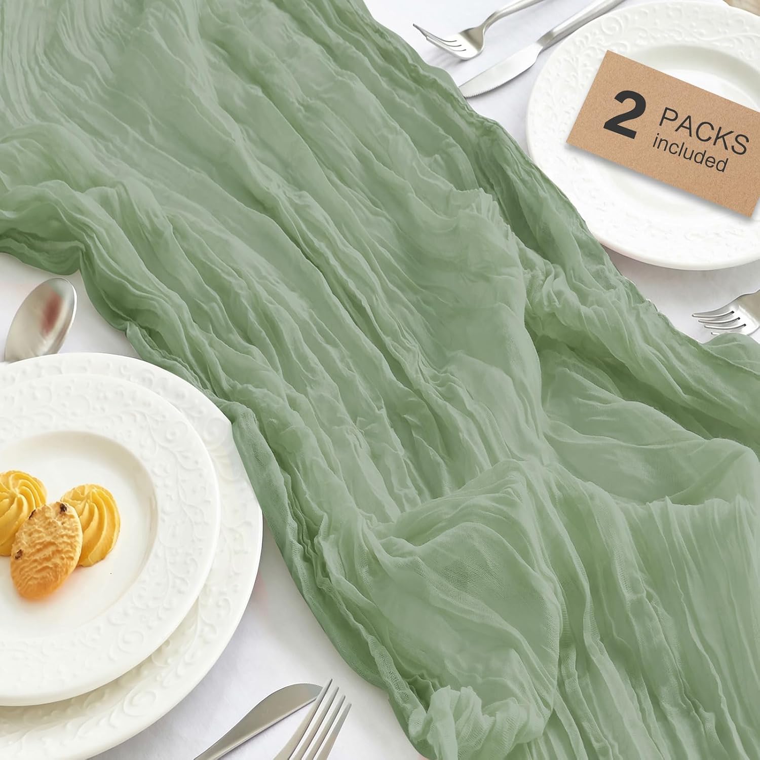 IVAPUPU 2 Pcs Cheesecloth Table Runner – 10ft Sage Green Boho Rustic Gauze Cheese Cloth Table Runner for Baby Shower Decorations Wedding Party Summer Garden Farmhouse Decor