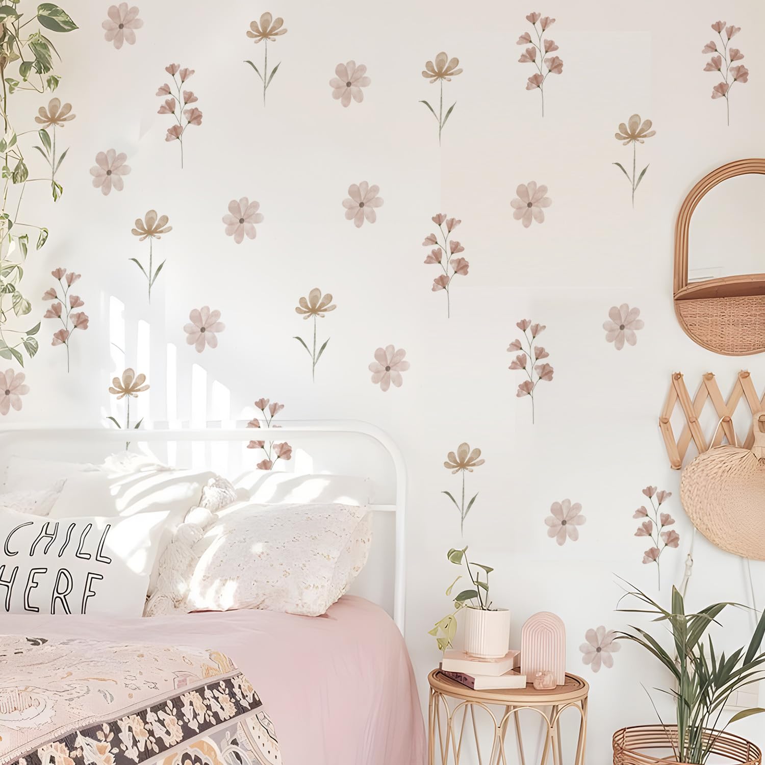 YouRfocus Daisy Wall Decals | 84 PCS Boho Flower Stickers for Girls’ Rooms, Playrooms, and Nurseries | Dual Layer Print for High Coverage | Removable Peel and Stick Wall Decor (Pink-B) | 12 Sheets