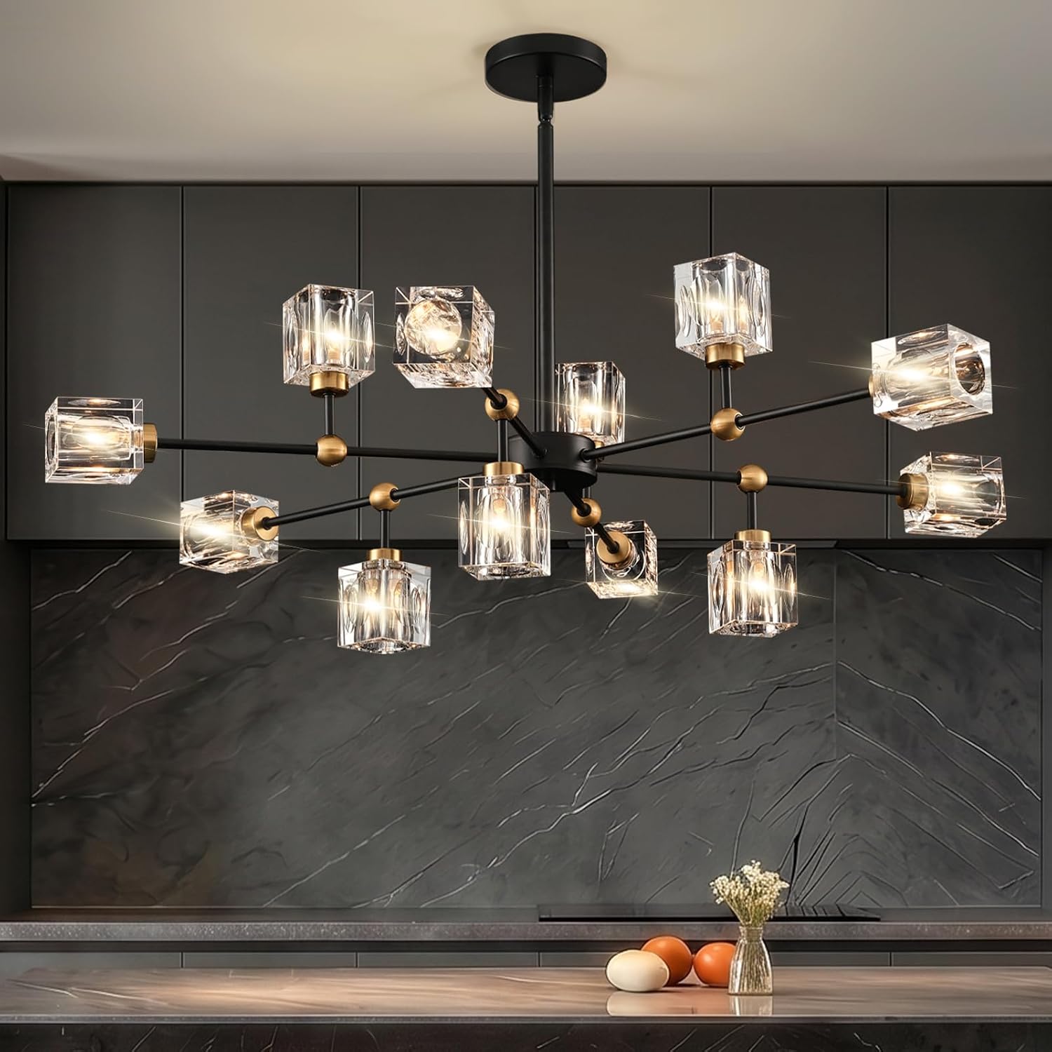 12-Light Modern Sputnik Crystal Chandelier, Height Adjustable Light Fixture | Dining Room, Kitchen, Living Room, Bedroom, Entryway, Black and Gold
