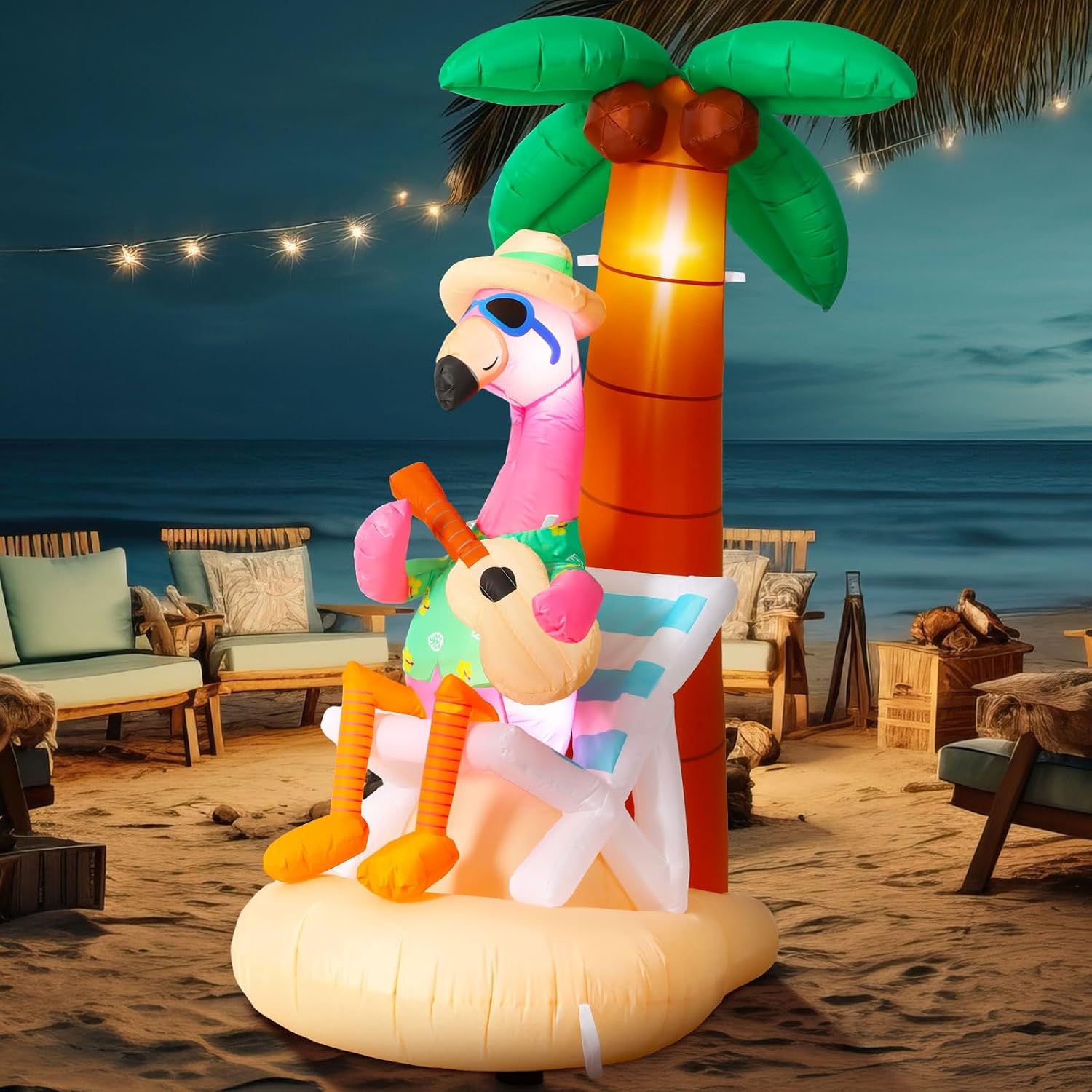 6 ft Inflatable Flamingo Beach Party Decor with Coconut Tree, Blow up Hawaiian Summer Tropical Pool Decoration for Outdoor Home Garden Luau Party