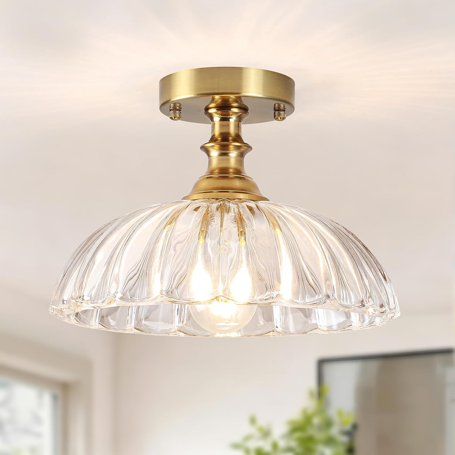 Gold Glass Chandelier Ceiling Light Farmhouse Pendant Fixture E26 | Thickened Clear Glass Shade Modern Petal Ceiling Light Electroplated Gold Iron for Dining Room Kitchen Office Coffee
