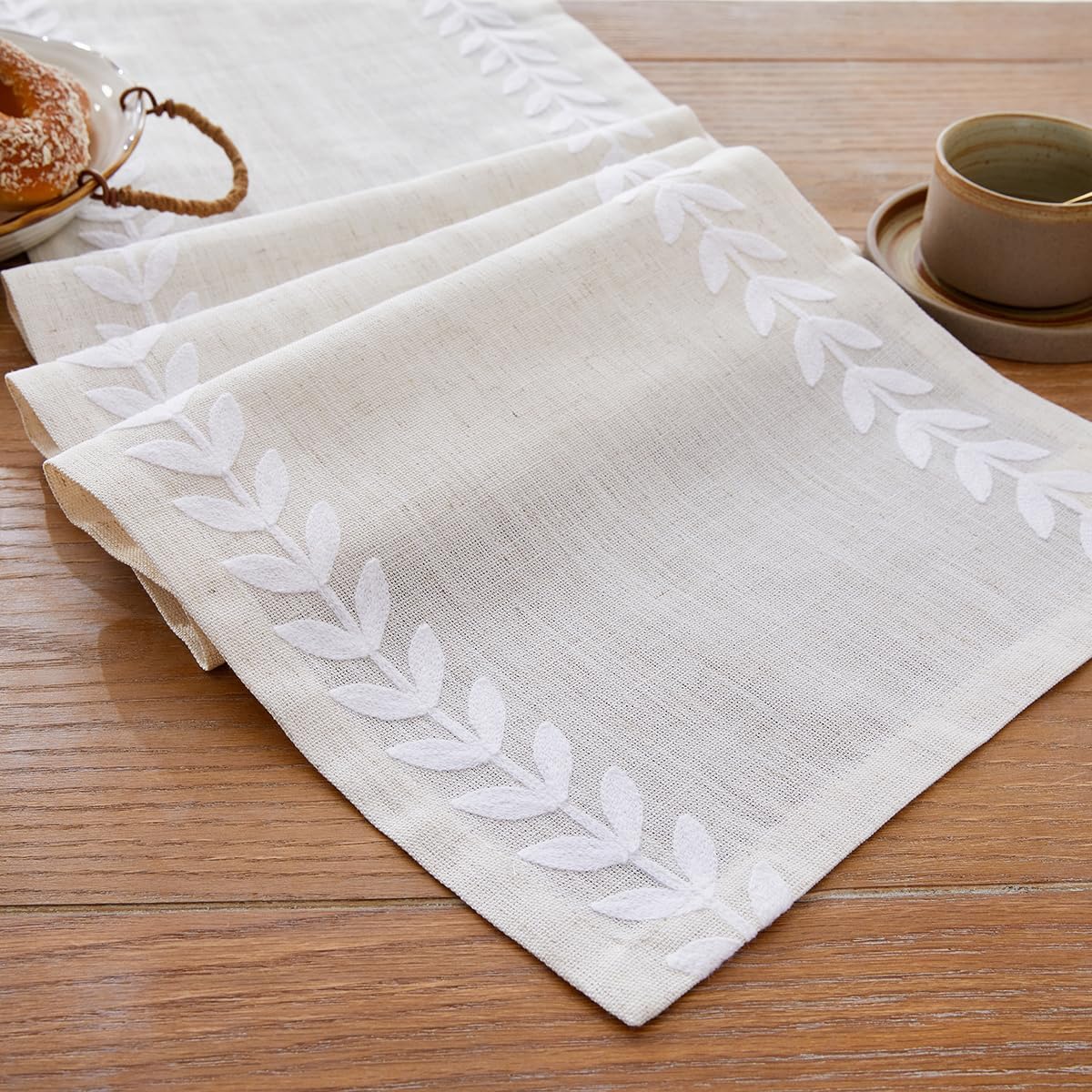 Wracra Embroidered Table Runner, White Table Runners 90 Inches Long | Irregular Willow Leaf Embroidery Design; Rich Woven Texture Fabric; Machine Washable; Dresser Runner Dining Table Decor