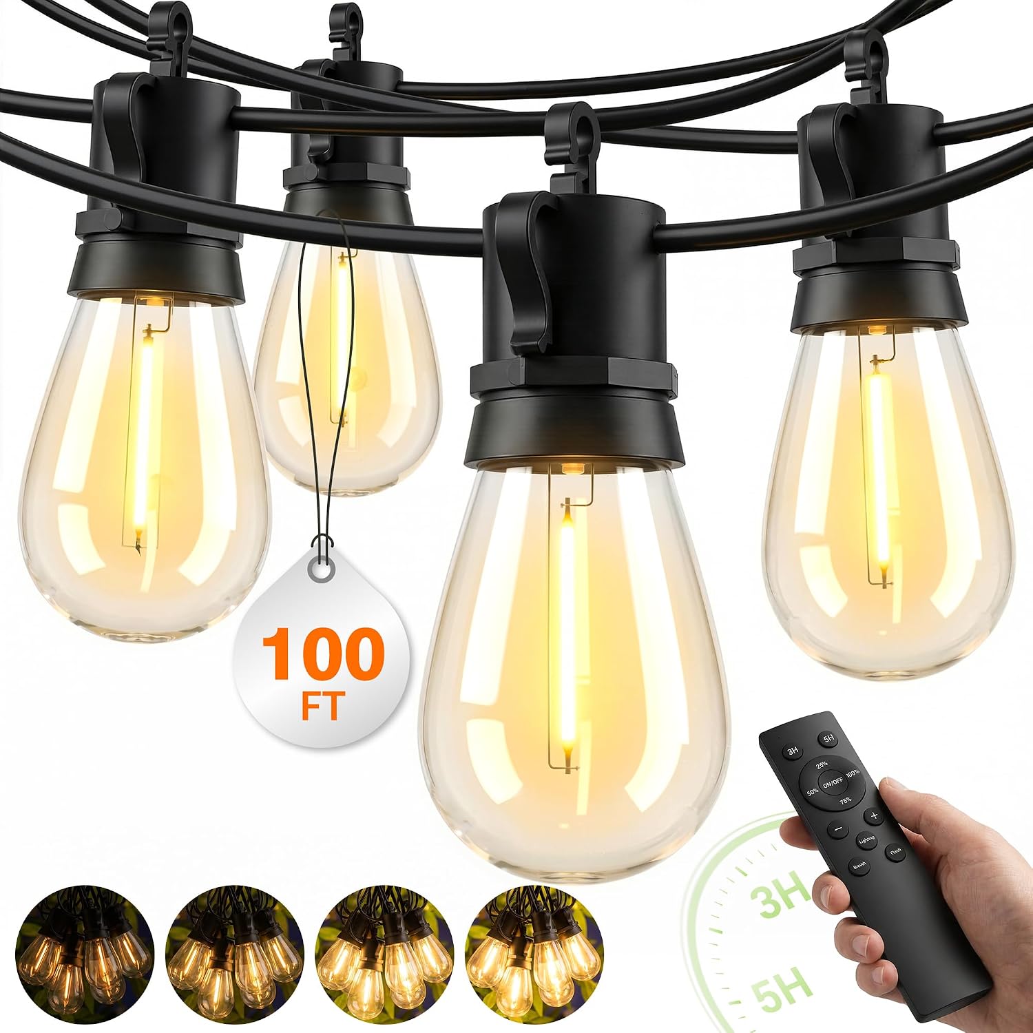 Outdoor String Lights Patio Light – 100Ft Outside Waterproof Dimmable Bulbs | S14 LED Remote Porch Light, Shatterproof Edison Bulbs Hanging Connectable Lighting for Gazebo Backyard Bistro Pergola, Timer