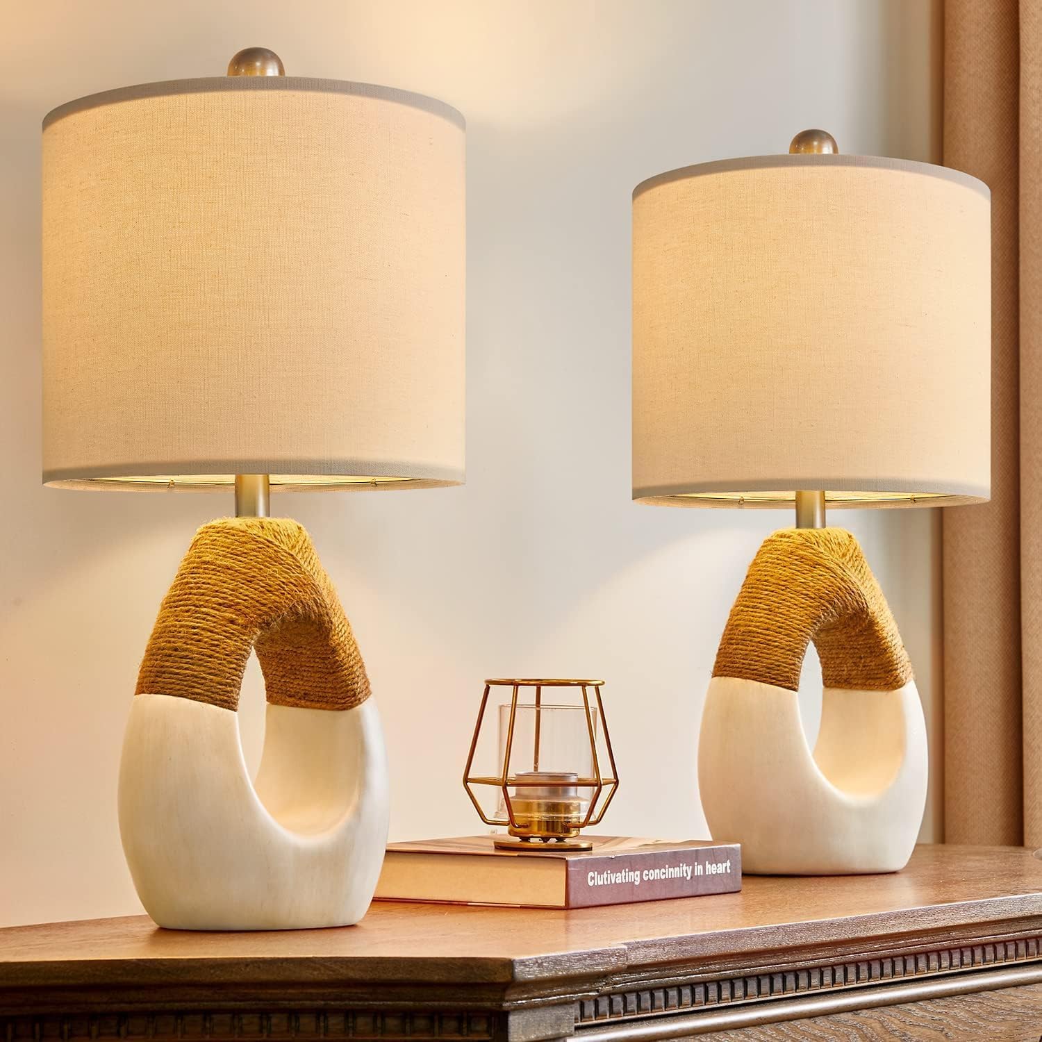 OYEARS 19” Small Boho Table Lamps for Bedroom Set of 2, Farmhouse Rattan Bedroom Lamps for Living Room Rustic Home Decor, Nightstand Bedside Lamps for Sofa Table Entry Way, Suitable for Small Places